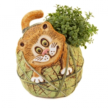 Зоокашпо керамическое Котёнок с клубком (зеленое)